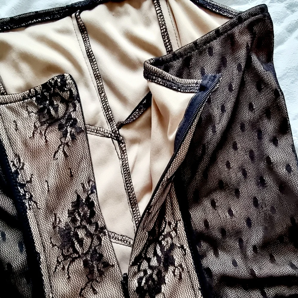 Strapless, black lace, knee length, corset dress with light beige/ tan under lay - Picture 5 of 8
